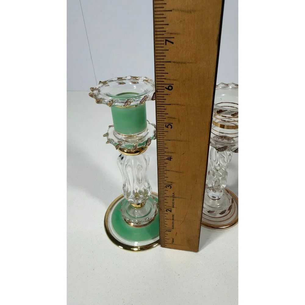 Vintage Murano Style Glass Candlestick Holders Set of 3 Gold Trim Green Clear